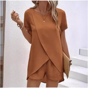 Damen einfarbig unregelmässig Kurzarm Top und Shorts Zweiteiler Sommer Outfit!