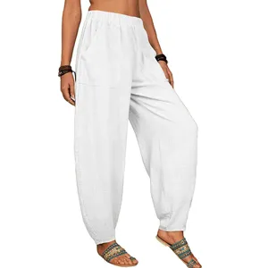 Pantalon harem de loisirs en lin blanc pour femmes pantalon ample avec poches quotidien