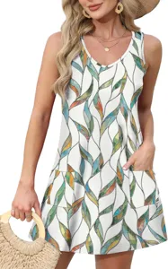 Robe de plage d'été décontractée à col en V sans manches imprimé feuilles poches
