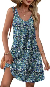 Robe d'été florale col V sans manches mini robe décontractée ample pour plage femme