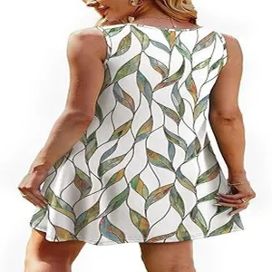 Women Summer Casual Sleeveless Round Neck Dress Abstract Leaf Print Beach Mini Dress