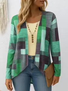 Close-up detailed view of women long sleeve geometric print cardigan top featuring fine fabric texture.