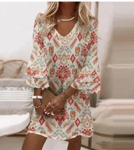 Detailed view of women bohemian printed V-neck dress featuring stylish layered bell sleeves.