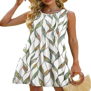 Detailed close-up view of the sleeveless printed summer dress featuring abstract leaf patterns.