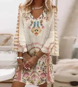 Women's V-neck floral printed mini dress casual bohemian 3/4 sleeve summer short dress.
