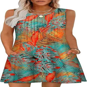 Detail shot of sleeveless tropical print dress with pockets, round neck, and pleated front.