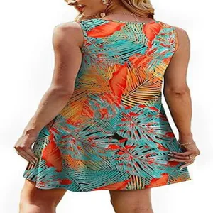 Women sleeveless tropical leaf print dress casual summer backless mini beach sundress.