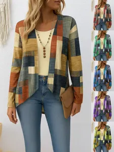 Women Geometric Print Long Sleeve Cardigan Top Round Neck Casual Printed T-Shirt Elegant Polyester Lightweight Jacket For Women
