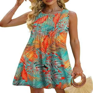 Stylish women's sleeveless tropical leaf print crewneck mini dress for summer fashion.