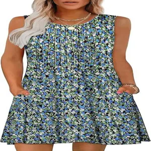 Detailed view of women sleeveless floral print mini dress with pockets for casual daily wear.