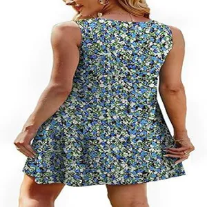 Women summer casual floral sleeveless mini dress detail back view showcasing blue print