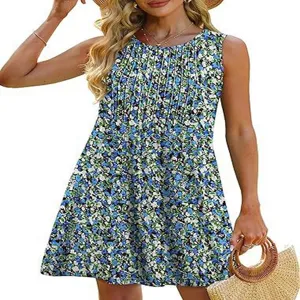 Women summer floral sleeveless mini dress casual round neck pleated beach sundress