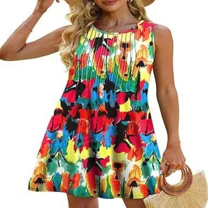 Colorful abstract print sleeveless round neck summer dress detail view showing vibrant pattern.