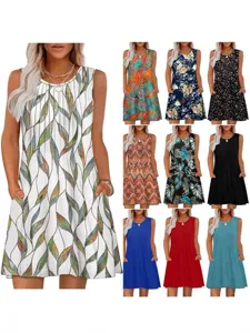 Women Casual Sleeveless Round Neck Midi Dress With Pockets Drawstring Pleated Print Summer Loose Vest Dress Street Style