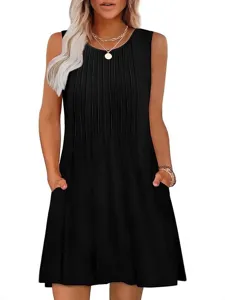 Black sleeveless round neck summer dress with pockets, casual daily wear main product view.