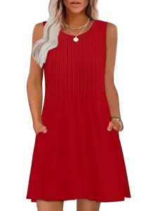Women Summer Casual Sleeveless Pleated Red Dress with Pockets Elegant Round Neck Sundress