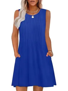 Women Royal Blue Sleeveless Pleated Pocket Casual Tank Dress Summer Fashion Apparel Main Shot