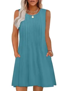 Women's sleeveless pleated casual midi dress solid color summer pocket dress round neck