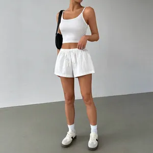 Women white casual shorts summer loose drawstring wide leg shorts main product display view