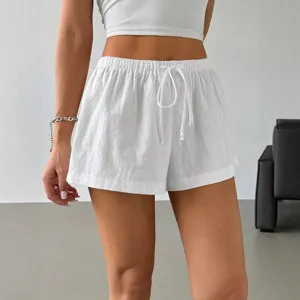 Women white casual shorts summer drawstring elastic waist pocket fashion loose beach shorts