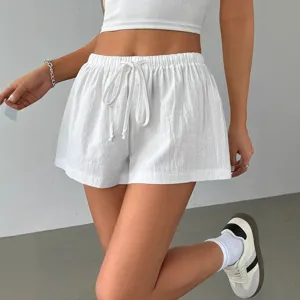 Women casual white drawstring elastic waist summer wide leg shorts main product display view