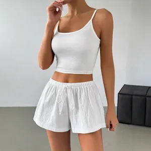 Women casual white camisole and drawstring shorts two piece set for summer daily wear