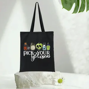 Borsa shopper nera in tela dettaglio con stampa di bottiglie di pozione stile gotico.