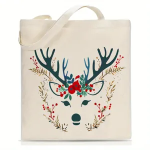 Close-up of the canvas tote bag featuring a cute Christmas reindeer and floral pattern design.