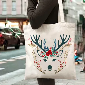Vintage Christmas Reindeer Canvas Tote Bag Minimalist Large Capacity Shoulder Bag Printed Eco Friendly Shopping Bag For Outdoor Picnic Travel Daily Women Men