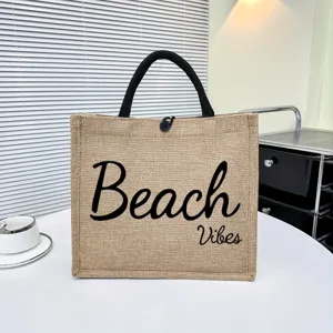 Bolso Toté de Lino Casual para Mujer Impresión Beach Vibes Bolso de Hombro Tejido Retro Gran Capacidad Viaje
