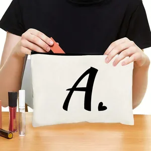 Minimalist Polyester Cosmetic Bag Printed Letter Heart Makeup Zipper Storage Pouch Small Square Toiletry Travel Organizer For Women