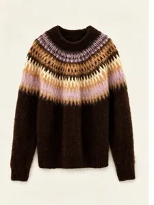 Women cozy crewneck fuzzy knit sweater featuring classic Fair Isle geometric yoke pattern.