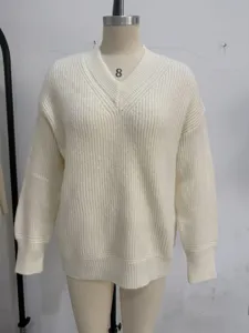 Womens V-Neck Knit Sweater Loose Casual Long Sleeve Pullover Autumn Winter Soft Apparel