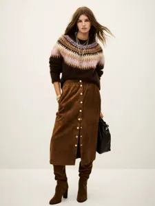 Close-up detail of a stylish Fair Isle knit sweater with brown suede midi skirt outfit.