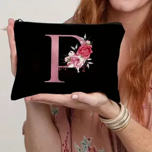 Minimalist letter P canvas cosmetic bag, floral storage pouch for daily essentials.
