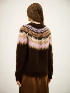 Back view of women's brushed knit crewneck sweater featuring classic Fair Isle jacquard.