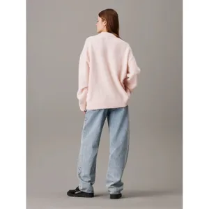 Women loose crewneck knit sweater in light pink casual long sleeve pullover top style