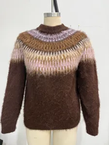 Close-up of the Fair Isle brushed knit sweater yoke, round neck, cozy brown winter pullover.