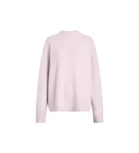 Cozy light pink knit sweater detail, loose fit crewneck pullover with ribbed cuffs.