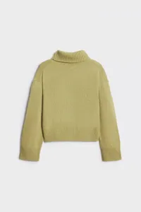 Back detail view of casual solid color turtleneck long sleeve knit sweater in light green.