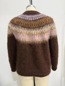 Back view of a cozy brown fuzzy crewneck sweater with Nordic Fair Isle jacquard pattern.