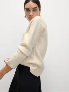 Women's V-neck ribbed knit sweater, casual loose fit long sleeve autumn winter fashion top.