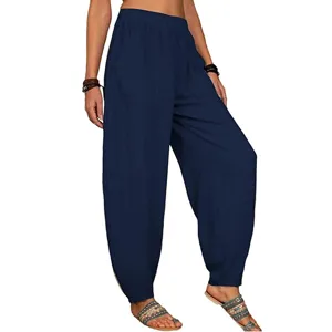 Vue détaillée pantalon harem femme ample coton lin confortable taille élastique marine.
