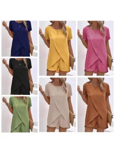Damen Casual Einfarbig Top Und Bottom Mit Unregelmäßigem Saum Kurzarm Rundhals Polyester Outfits Für Den Sommer
