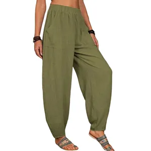 Pantalon de loisirs ample en coton et lin pour femme, taille haute confortable vue détail.