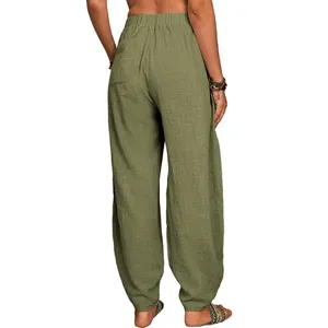 Femme ample coton lin pantalon de loisir harem dos détail vue ajustement confort.