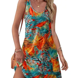 Robe d'Été de Plage Ample pour Femmes Col en V Sans Manches Avec Poches Polyester Imprimé Floral Géométrique Robe Débardeur Casual pour Vacances
