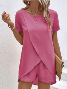 Damen einfarbig rosa unregelmäßig kurzarm Oberteil Shorts zweiteiliges Sommer Set chic