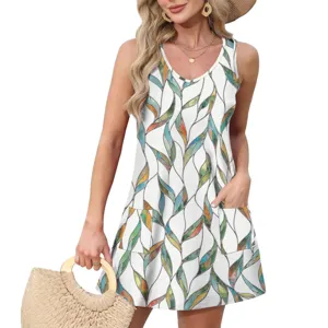 Robe d'été sans manches col en V avec poches robe de plage décontractée mode femme