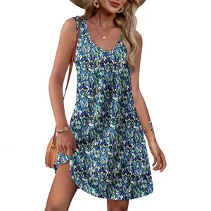 Robe d'été décontractée florale sans manches col V mini plage pour femmes mode.